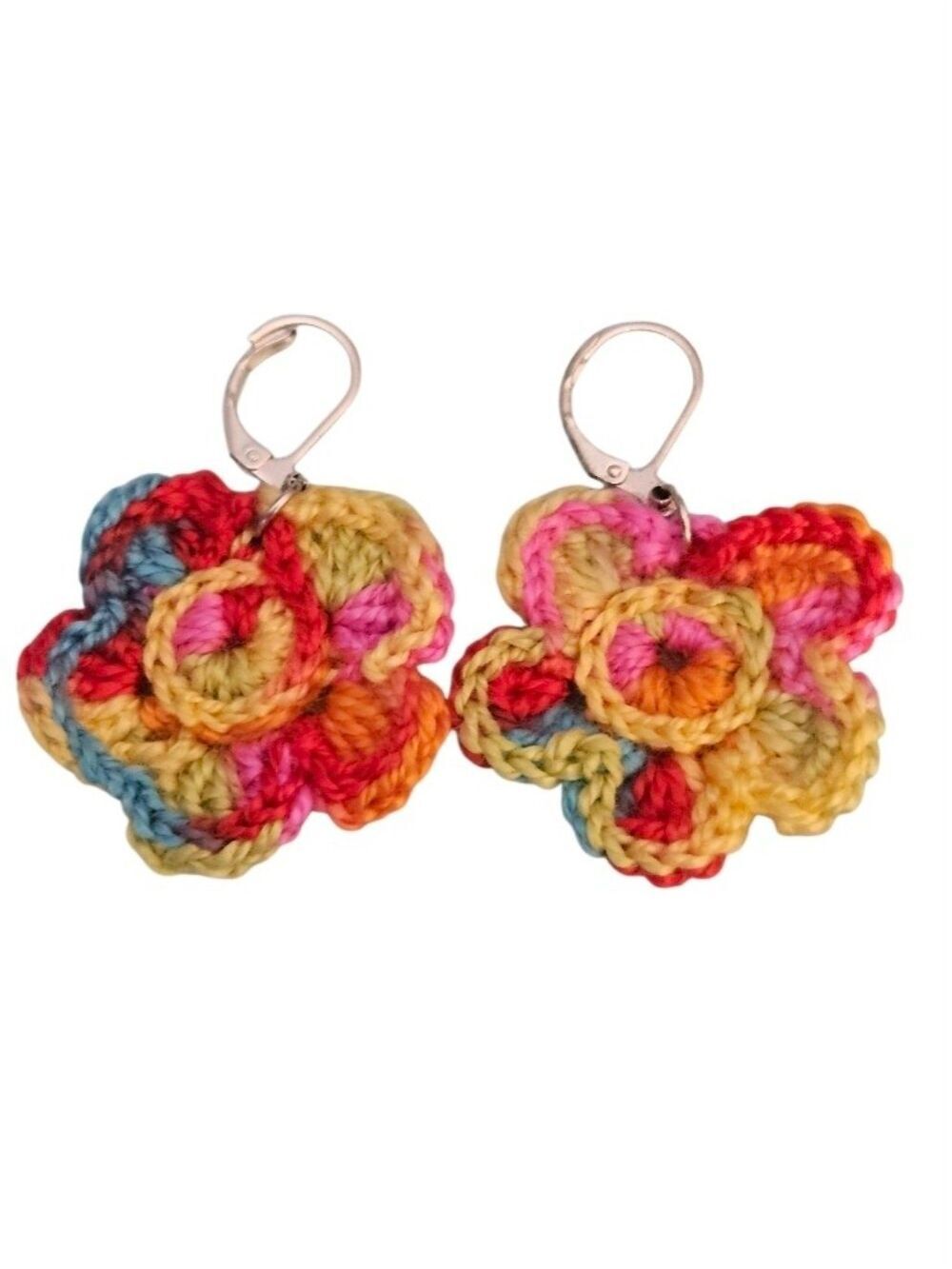 Hand Crafted Multi Color Crochet Flower Earrings Festival Wear Rainbow Jewelry
